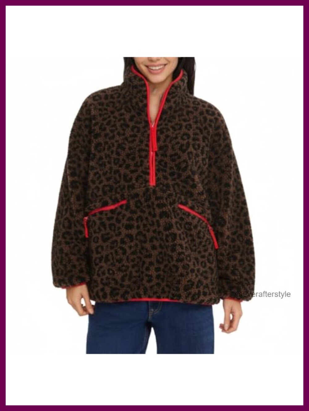 Oversized Leopard Print Sherpa Fleece Half-Zip Pullover Jacket with Pockets